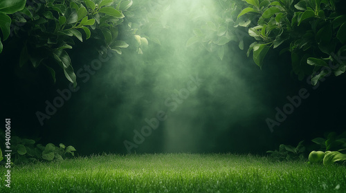 Wide-angle lens, pear tree garden dark background, stage effect, spotlight, smokeless and foggy. photo