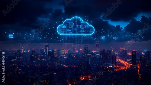  Global data storage hologram and backup, files synchronization and city view 