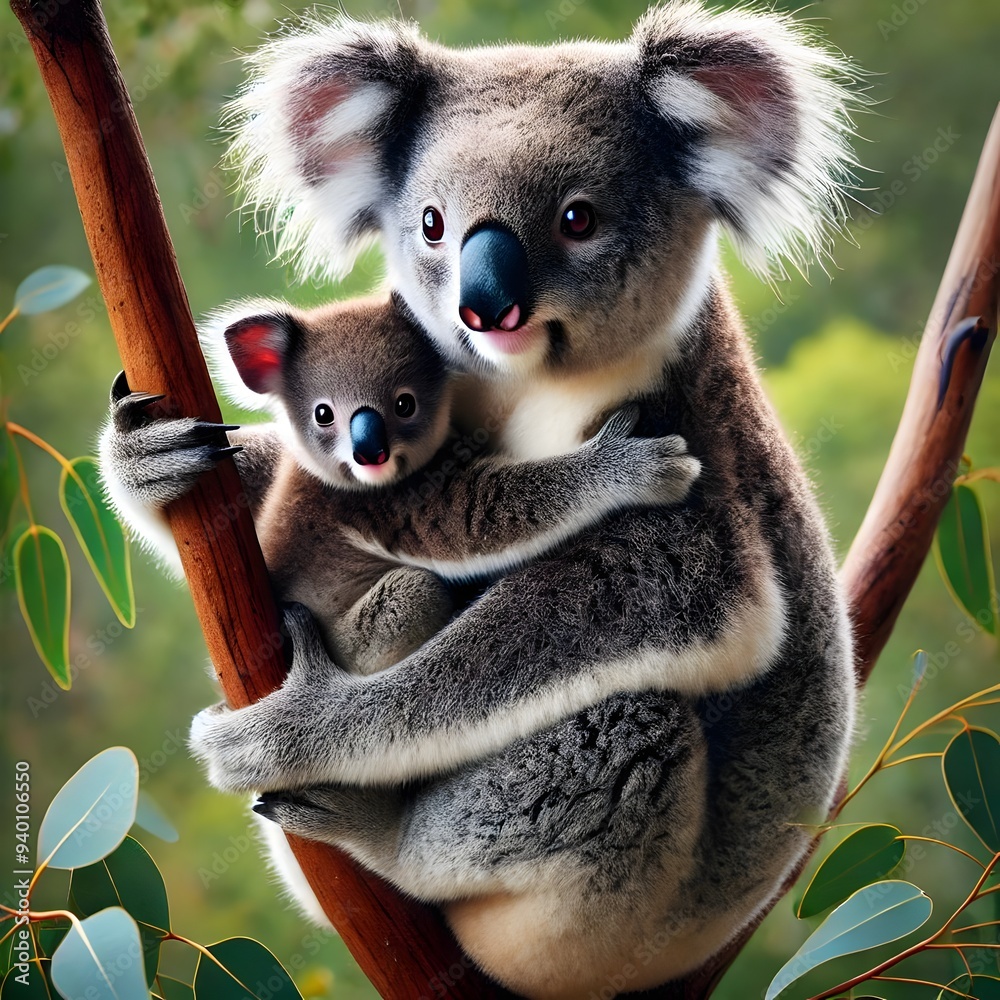 Obraz premium Mother koala bear resting on the eucalyptus tree hugging her young koala bear