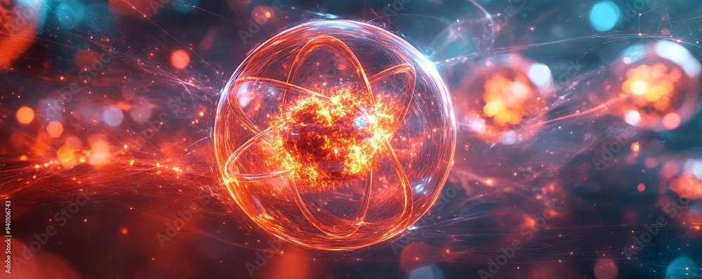 A vibrant depiction of an atom, showcasing energy and motion within subatomic particles, illustrating the beauty of science. A vibrant depiction of an atom, showcasing energy and motion within subatomic particles, illustrating the beauty of science.