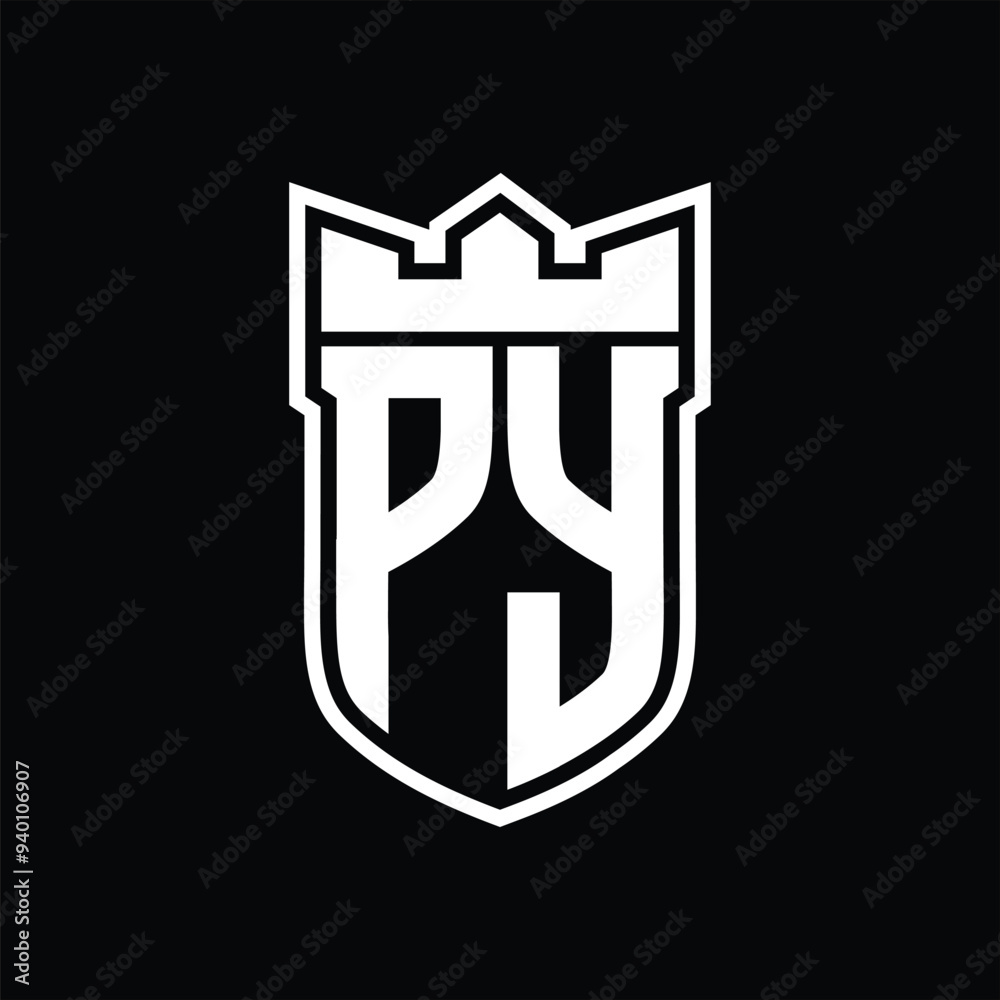 PY Logo shield shape with geometric crown inside white outline on black background template design PY Logo shield shape with geometric crown inside white outline on black background template design