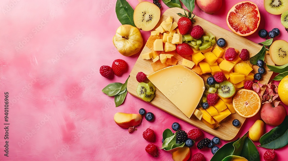 Artisan Cheese Board with Fresh Fruits on Textured Pink Background, High Angle Studio Shot with Side Lighting Artisan Cheese Board with Fresh Fruits on Textured Pink Background, High Angle Studio Shot with Side Lighting