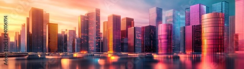 A vibrant skyline at sunset, showcasing modern buildings reflecting colorful hues on the water, creating an inspiring urban landscape.