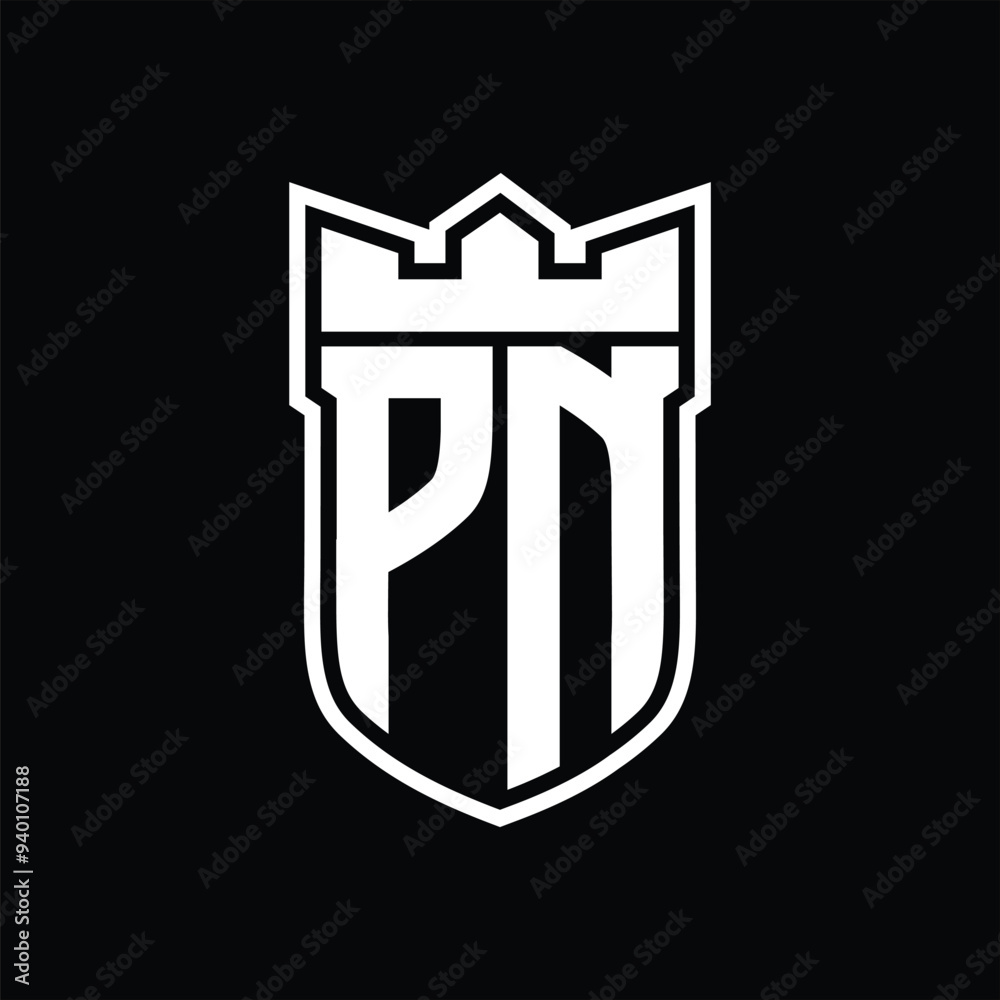 PN Logo shield shape with geometric crown inside white outline on black background template design PN Logo shield shape with geometric crown inside white outline on black background template design