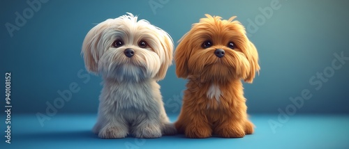 Cute fluffy dogs sit together on a blue background, showcasing their unique fur colors, perfect for pet lovers and cheerful themes. photo