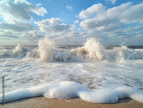Inspiring Ocean Waves Crashing on the Beach, Morning Success by the Ocean, Coastal Triumph, Embrace the Energy of the Sea