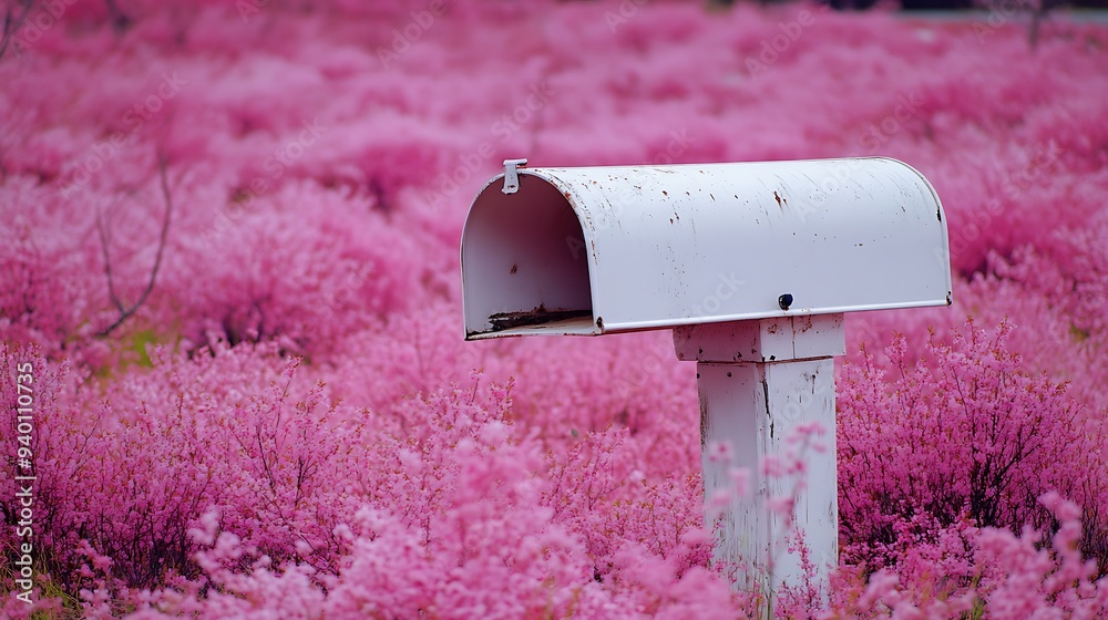 Serene White Mailbox in a Pink Cherry Blossom Field | Snapshot Realism of Springtime Beauty Serene White Mailbox in a Pink Cherry Blossom Field | Snapshot Realism of Springtime Beauty