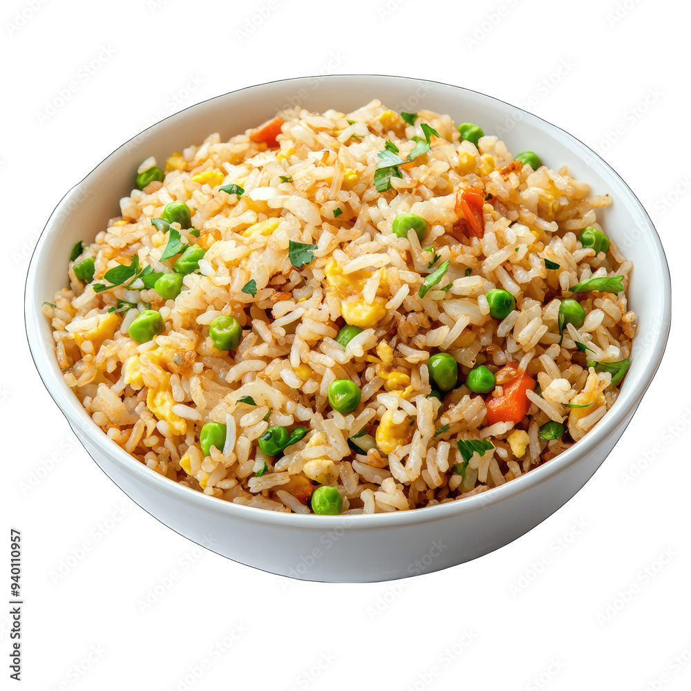 Fried rice bowl with vegetables, isolated on white Fried rice bowl with vegetables, isolated on white