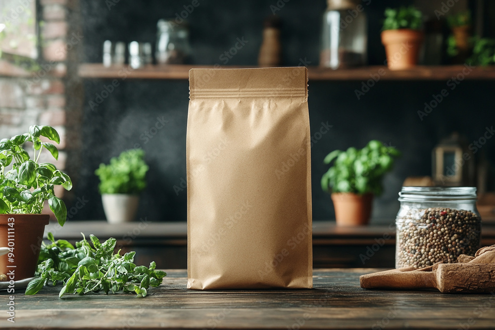A brown bag sits on a table next to a jar of spices and a potted plant A brown bag sits on a table next to a jar of spices and a potted plant
