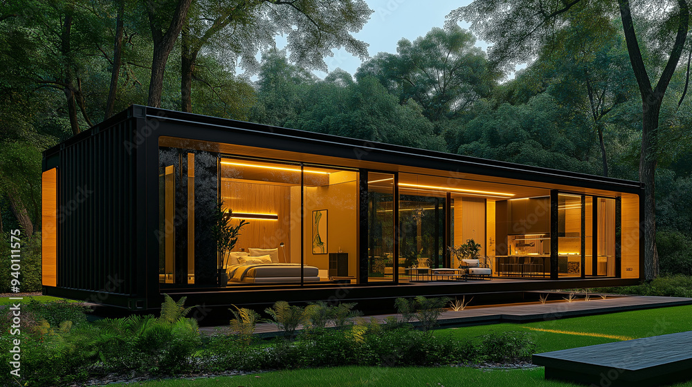 A creative luxury villa in a black container in the sunset forest night, glass, luxury furniture, evening, ultra-wide angle, modern luxury style, ultra-high quality picture. A creative luxury villa in a black container in the sunset forest night, glass, luxury furniture, evening, ultra-wide angle, modern luxury style, ultra-high quality picture.
