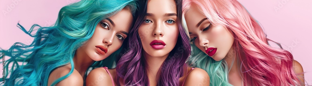 three beautiful women with colorful hair, pink purple and teal color palette