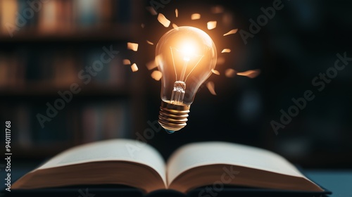 A glowing lightbulb hovers above an open book in a dark background, symbolizing the concept of knowledge, creativity, and innovation.