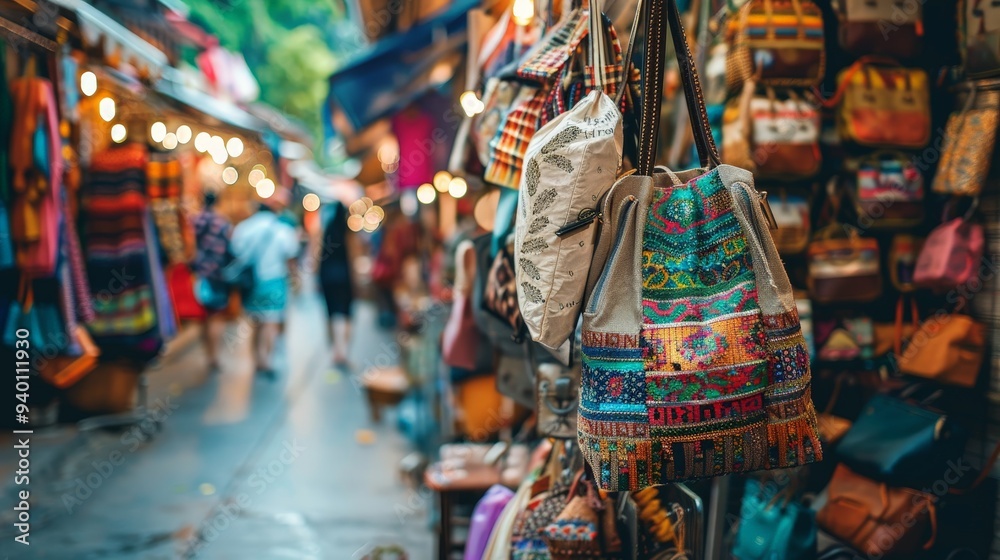 Fototapeta premium Photograph a travel bag on a bustling street market, filled with souvenirs and local treasures, ready for a shopping spree.