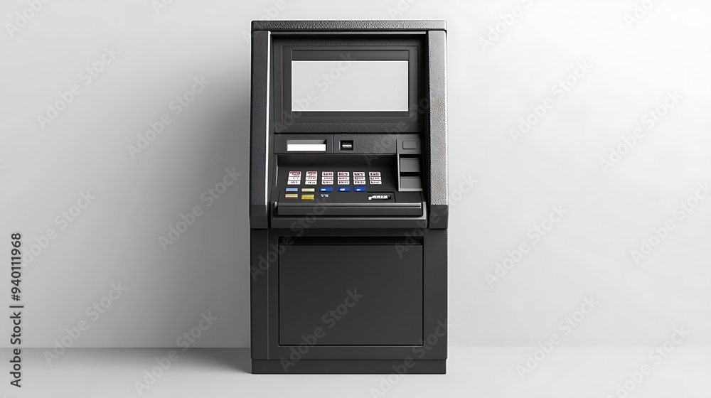 Modern ATM Machine on Clean White Background, High Definition Detail and Simple Design
