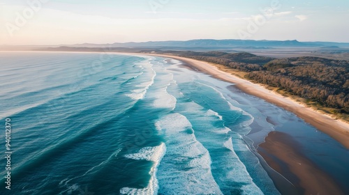 Photograph an aerial view of a long, winding coastline with golden sand beaches and rolling waves under a clear blue sky.