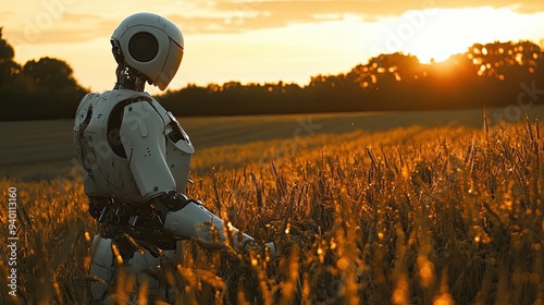 A White Robot in a Field of Golden Grain at Sunset