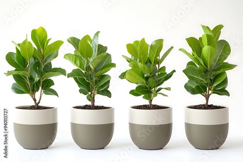 Modern Indoor Decoration with Four Ficus Audrey Plants in Stylish Pots on Isolated Background photo