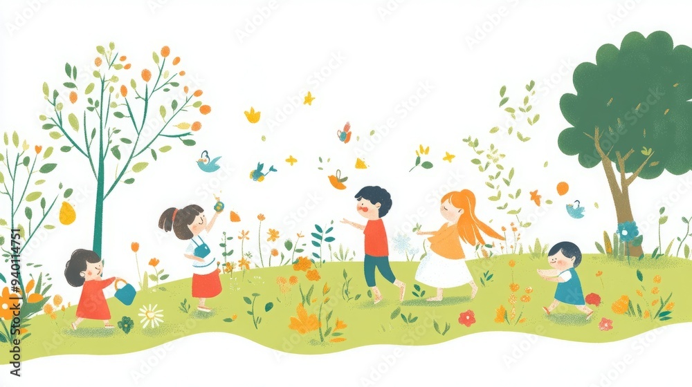 Children play in a meadow filled with flowers and trees. Children play in a meadow filled with flowers and trees.