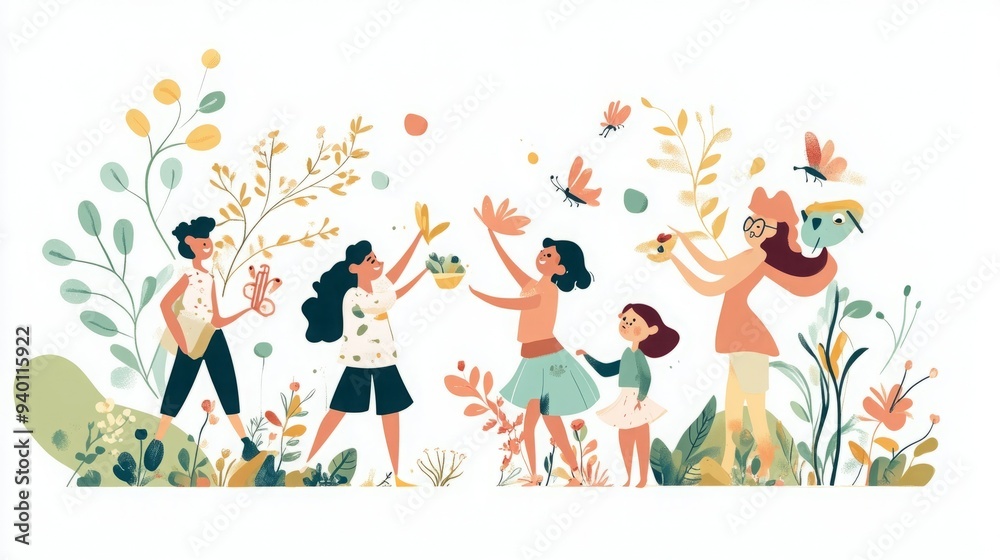 Fototapeta premium Five women stand amongst bright flowers and butterflies