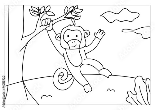 Monkey hanging from a tree coloring pages offer a fun and creative activity for kids, improving motor skills, concentration, and imagination with playful monkey designs