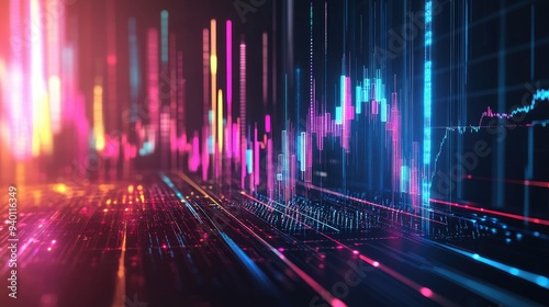 Abstract depiction of financial graphs and charts in neon colors