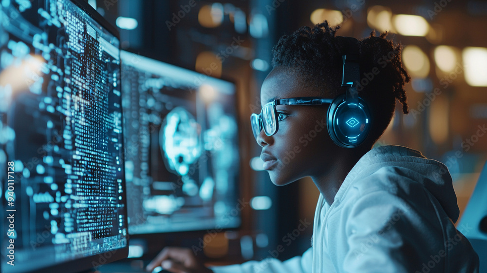 A young girl wearing glasses and headphones is looking at a computer screen A young girl wearing glasses and headphones is looking at a computer screen