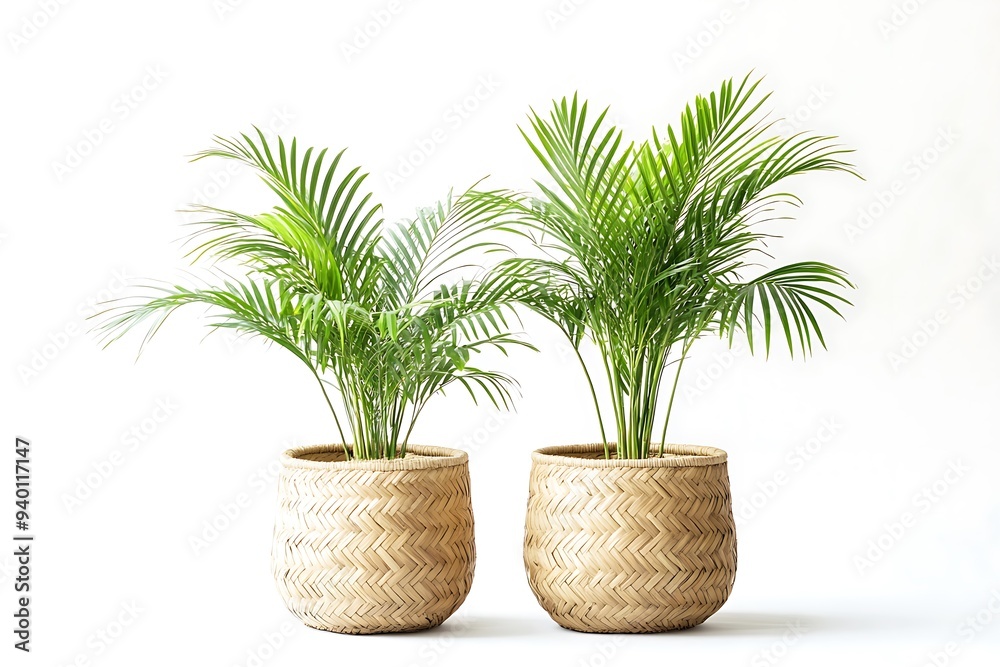 Tropical Vibes - Two Small Palm Trees in Stylish Baskets Creating Indoor Oasis, Isolated Background with Elegant Space Design Tropical Vibes - Two Small Palm Trees in Stylish Baskets Creating Indoor Oasis, Isolated Background with Elegant Space Design