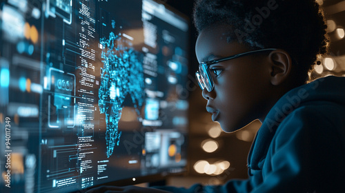 A young black boy is looking at a computer screen with a map on it