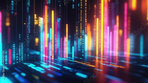 Abstract depiction of financial graphs and charts in neon colors