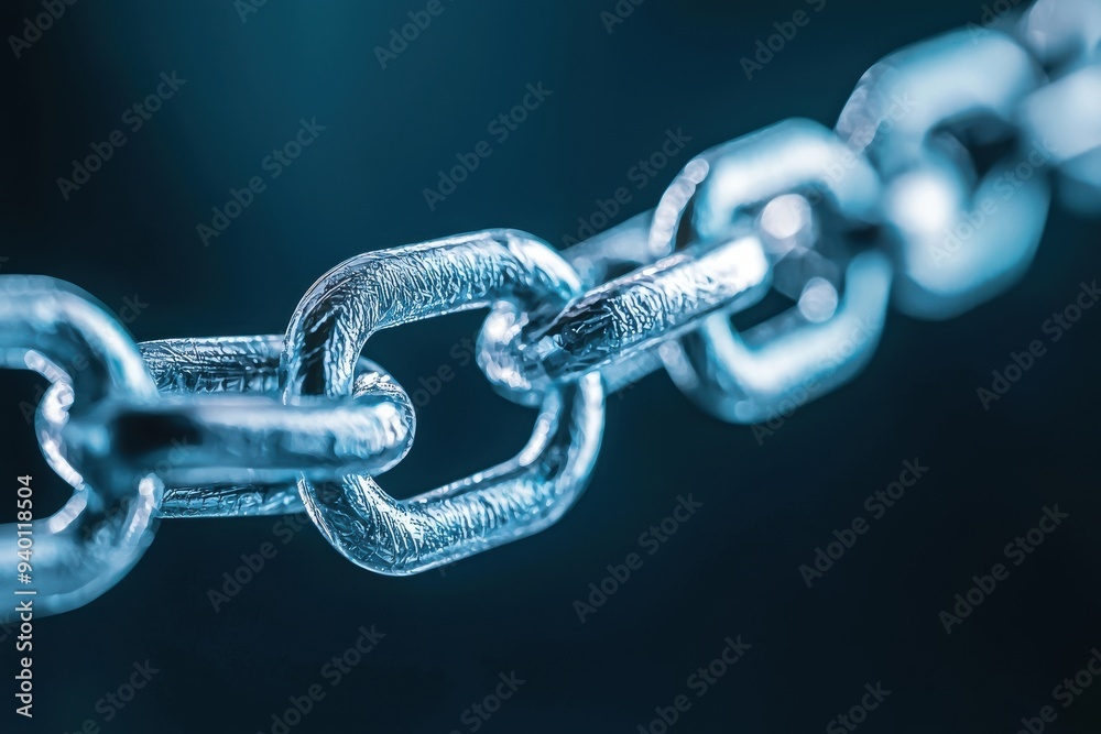 Close-up image of a shiny metal chain, highlighting its texture and links against a blurred blue background. Close-up image of a shiny metal chain, highlighting its texture and links against a blurred blue background.