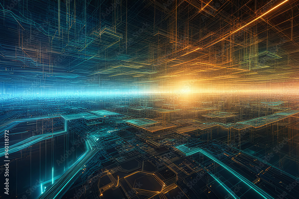 Obraz premium Futuristic abstract background with colorful glowing lines techno Sci-fi neon . Digital scientific design tech innovation artwork.