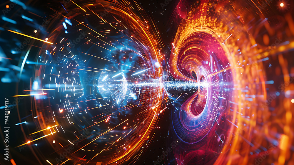 Fototapeta premium Dynamic scene of Higgs bosons and other particles interacting in a particle collider
