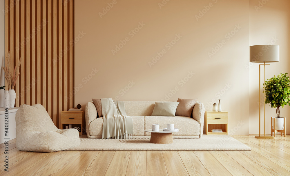 © Vanitjan - Living room exudes warmth and comfort with its soft beige tones, plush seating, and minimalist decor on cream color wall background- 3D rendering © Vanitjan - Living room exudes warmth and comfort with its soft beige tones, plush seating, and minimalist decor on cream color wall background- 3D rendering
