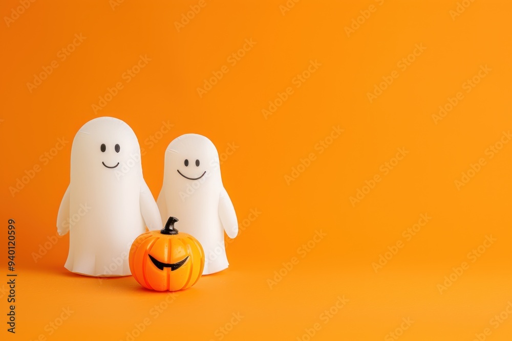 Two smiling ghosts and pumpkin on orange background, Halloween Two smiling ghosts and pumpkin on orange background, Halloween