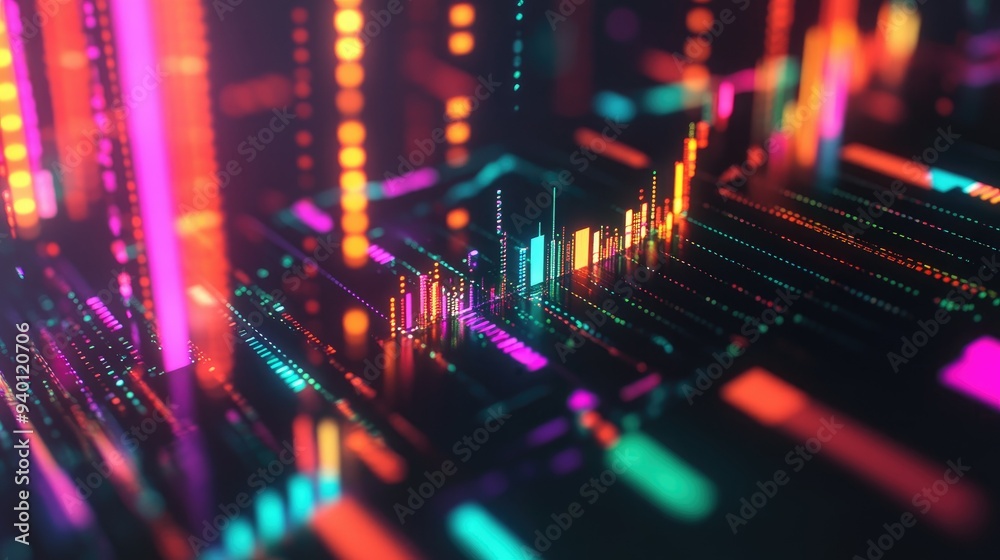 Abstract depiction of financial graphs and charts in neon colors Abstract depiction of financial graphs and charts in neon colors