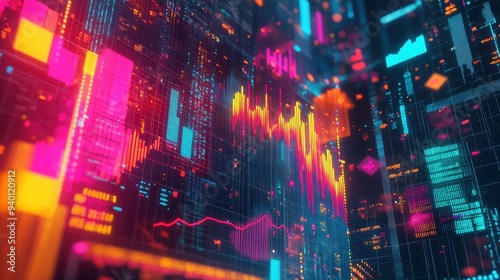 Abstract depiction of financial graphs and charts in neon colors