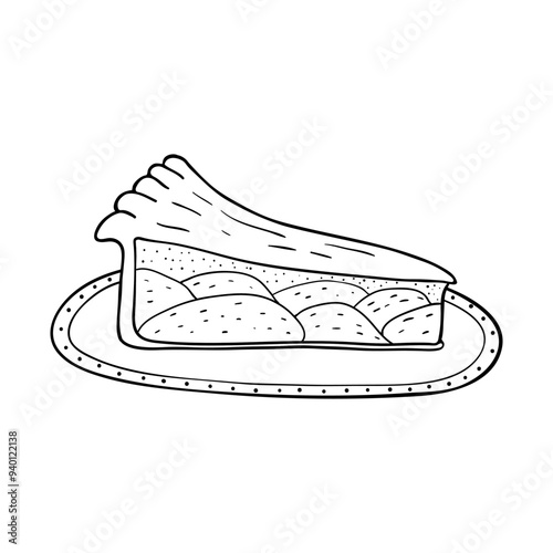 Fresh baked apple pie in doodle engraved sketch style. Piece of traditional dessert product on the plate. Hand drawn illustration for menu, bar, coffee shop, cafe, bakery, restaurant certificate.