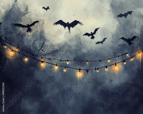 Spooky Halloween garlands, ethical standards captured in neutral watercolor tones, Halloween vultures circling overhead, cinematic atmosphere photo