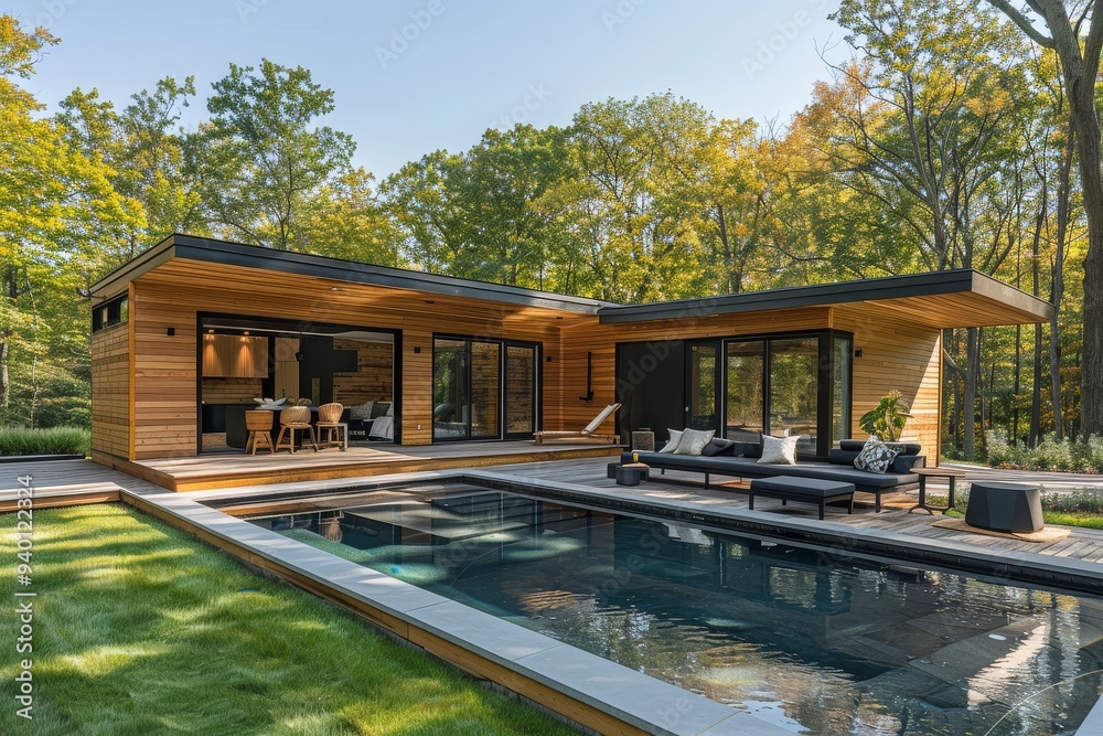 Modern minimalist pool house with outdoor seating, swimming lap, and flat roof wooden building on grassy lawn surrounded by trees in New York. Modern minimalist pool house with outdoor seating, swimming lap, and flat roof wooden building on grassy lawn surrounded by trees in New York.