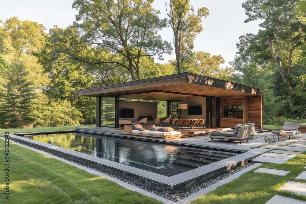 Modern minimalist pool house with outdoor seating, swimming lap, and flat roof wooden building on grassy lawn surrounded by trees in New York.