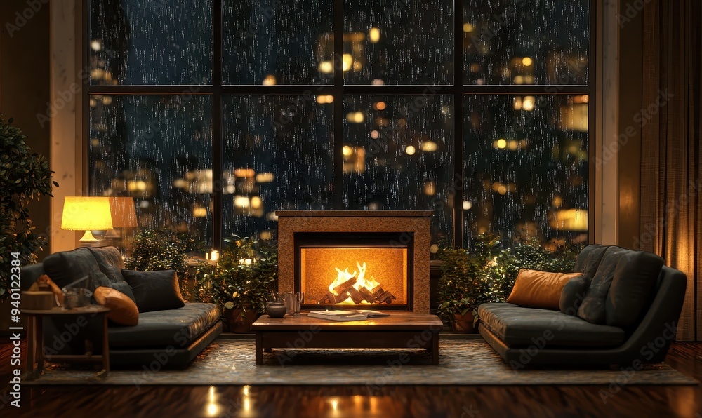 Fototapeta premium Cozy Living Room with Fireplace and Rainy Night View