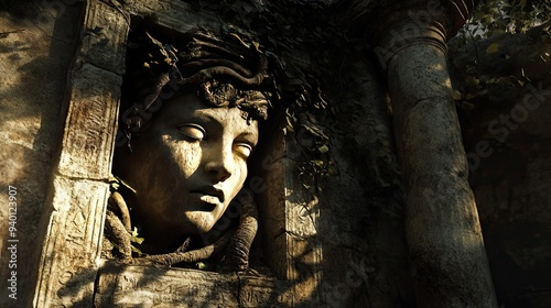 Stone Sculpture of Medusa's Face in a Stone Niche photo