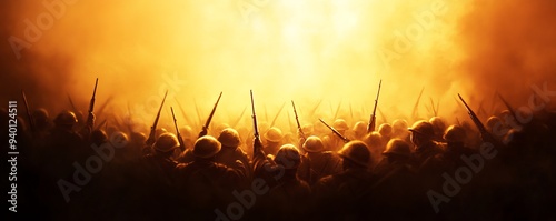 A dramatic scene of warriors silhouetted against a fiery background, creating an epic atmosphere of battle and bravery.