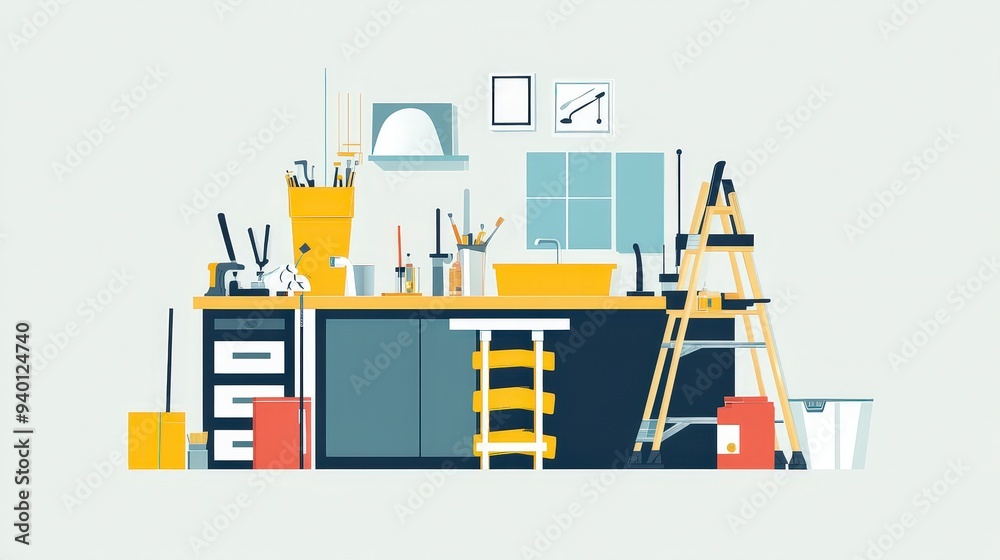 Fototapeta premium Modern Flat Design Illustration of Home Renovation Projects - DIY Painting Walls and Furniture Assembly Process
