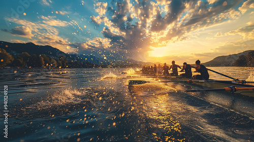 photo of a rowing team competing in a rowing event at the Olympics, synchronized strokes, water splashing, detailed boat and oars, beautiful lake scenery. photo