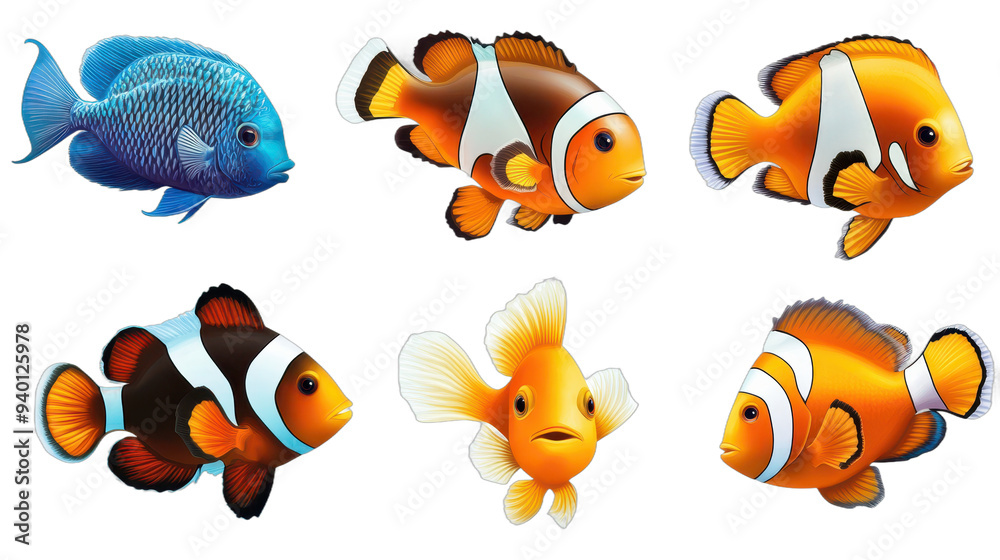 Naklejka premium Colorful Clownfish and Blue Fish on White Background Illustration, transparent background, PNG file
