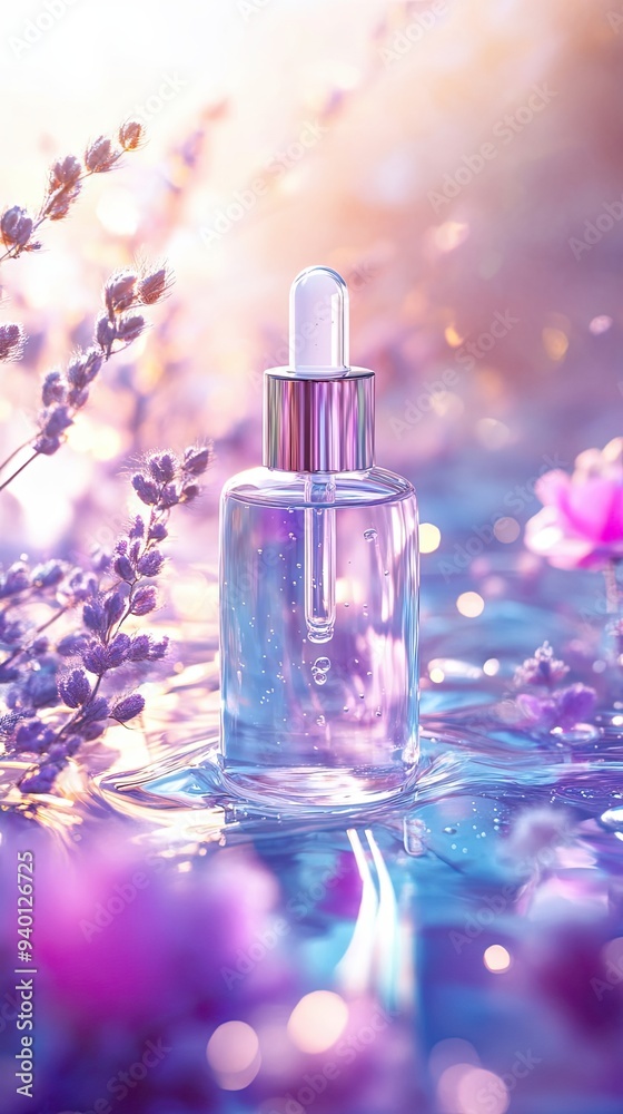 Glass Dropper Bottle with Serum on a Bed of Purple Flowers Glass Dropper Bottle with Serum on a Bed of Purple Flowers