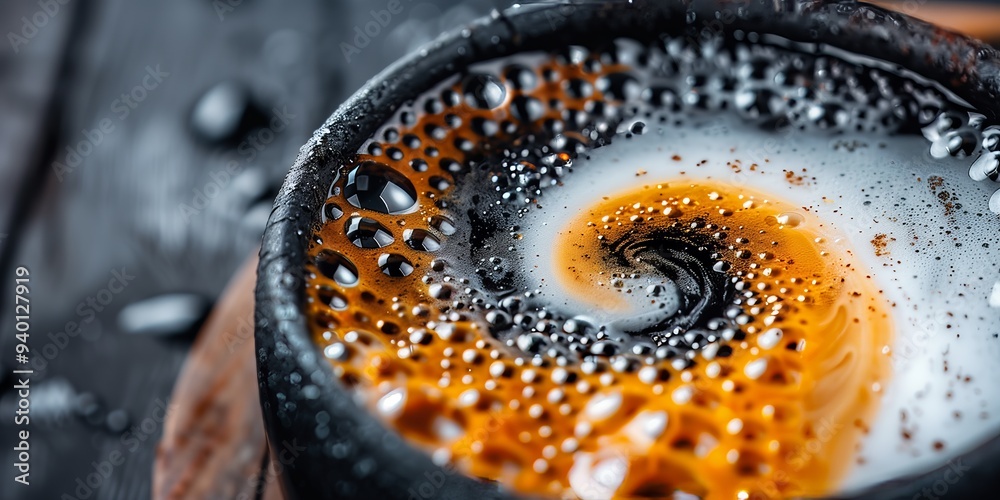 Obraz premium Close-up of coffee cup with frothy cream swirl against textured dark background. Beverage texture concept