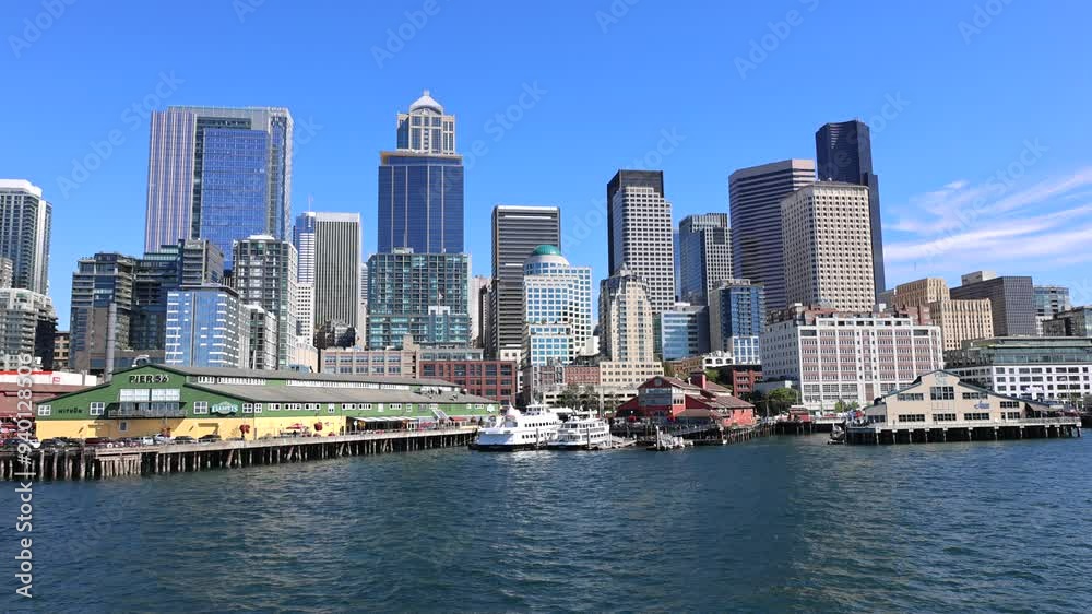 Panoramic view of Seattle Bell Harbor Marina and Seattle financial downtown skyline panorama. Panoramic view of Seattle Bell Harbor Marina and Seattle financial downtown skyline panorama.