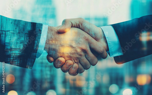 photo of two business man hand shaking office background